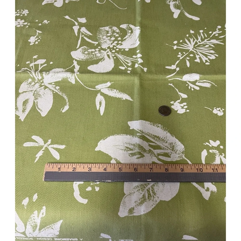 Braemore Textiles Linen Fabric Lime Green Floral Dragonfly Screen Print Drapery